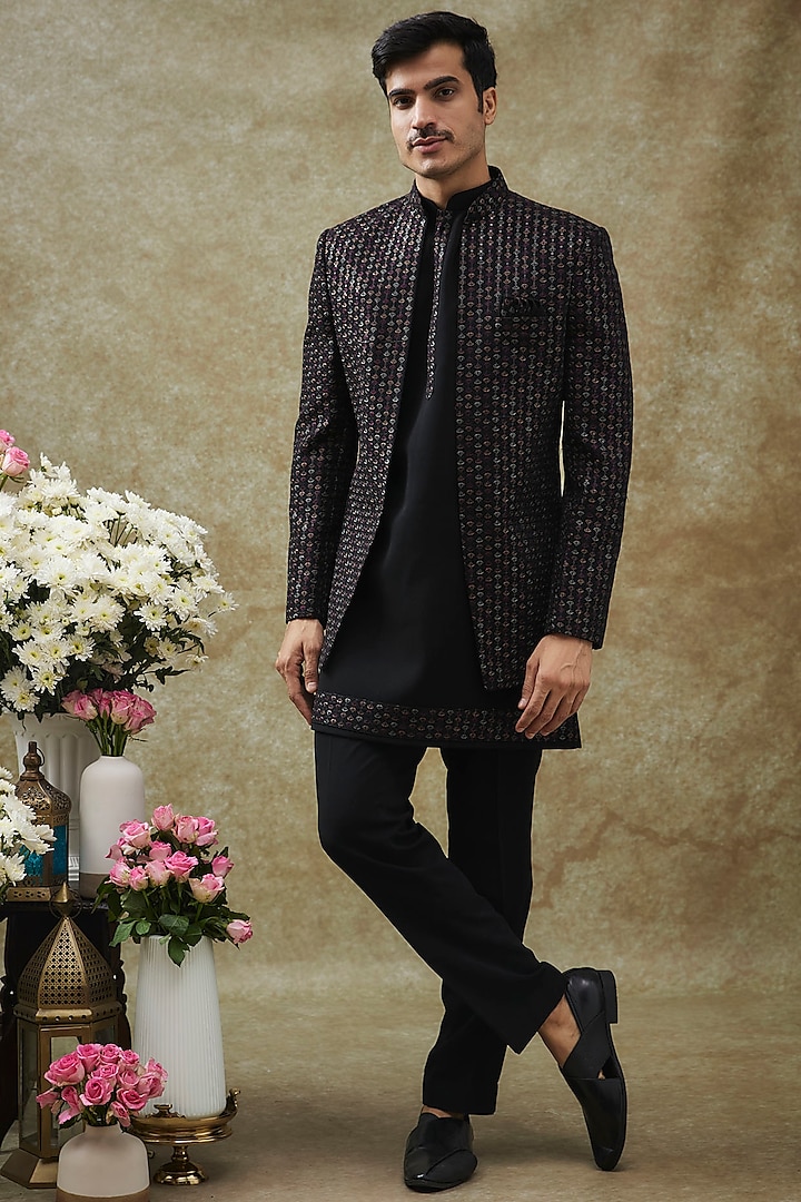 Black Imported Japanese Fabric Sequins Work Indowestern Set by RIYAASAT