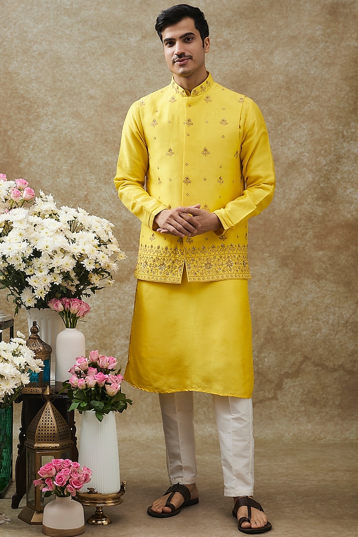 Sunglow Yellow Splendid Silk Dori Work Bundi Jacket Set by RIYAASAT