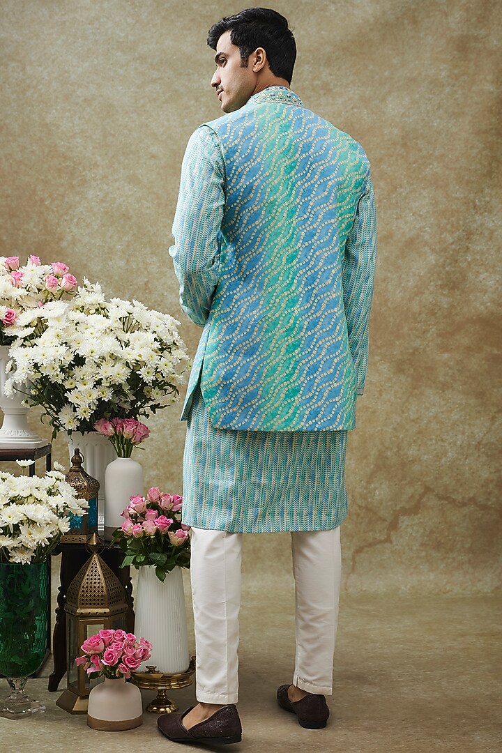 Turquoise Art Silk Printed & Embroidered Open Jacket Set by RIYAASAT at Pernia's Pop Up Shop