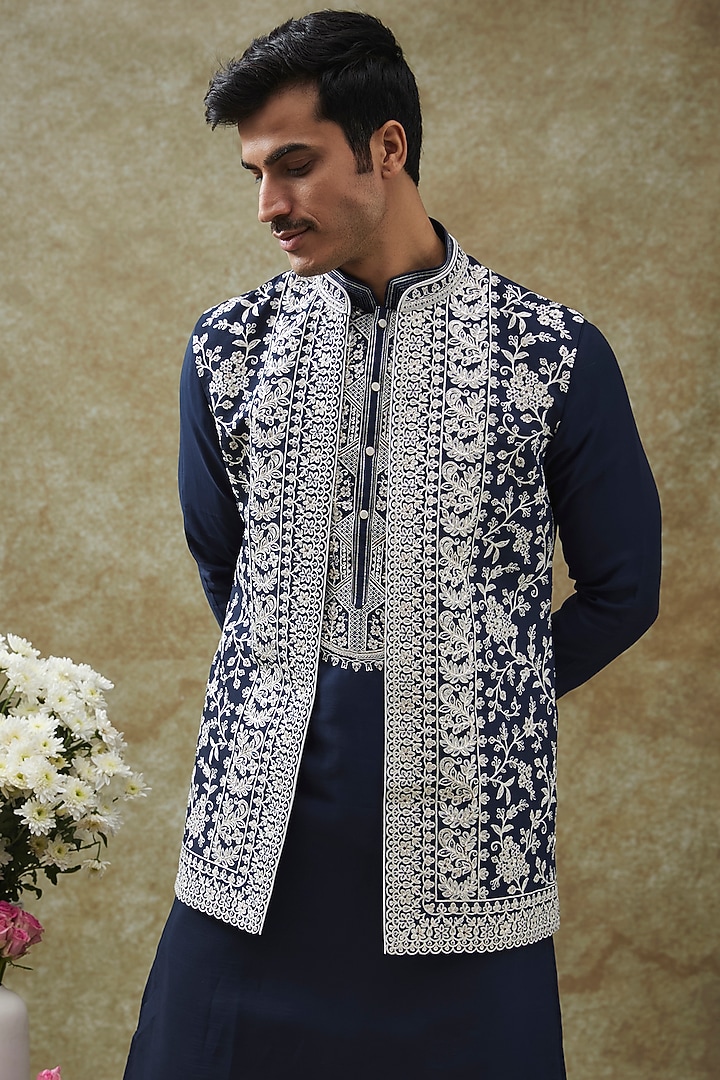 Berry Blue Splendid Silk Cutdana Work Bundi Jacket Set by RIYAASAT at Pernia's Pop Up Shop