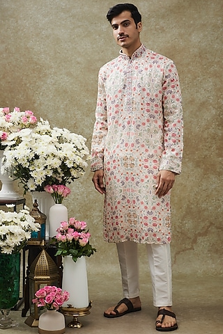 Multi-Colored Lucknowi Printed & Embroidered Kurta Set by RIYAASAT