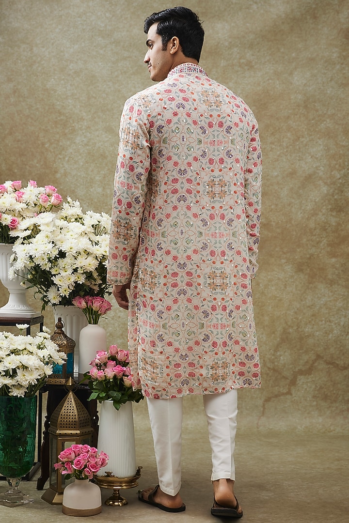 Multi-Colored Lucknowi Printed & Embroidered Kurta Set by RIYAASAT at Pernia's Pop Up Shop