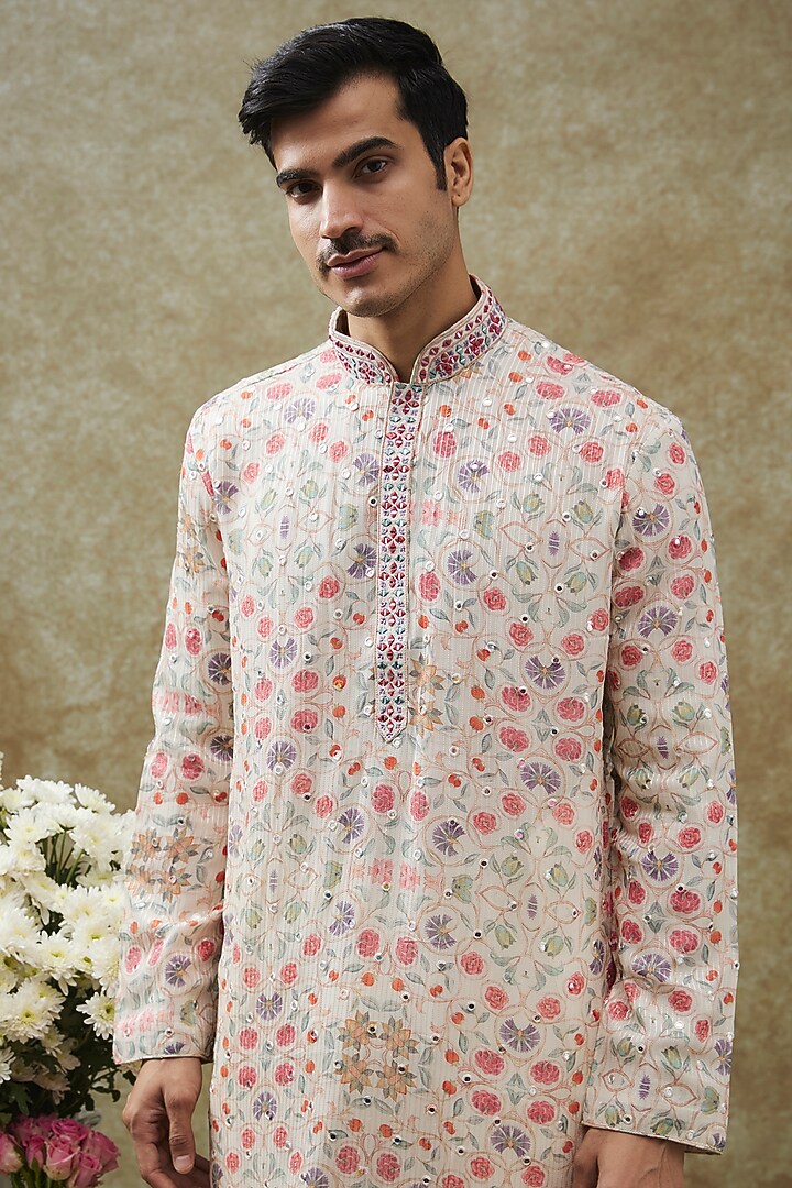 Multi-Colored Lucknowi Printed & Embroidered Kurta Set by RIYAASAT at Pernia's Pop Up Shop