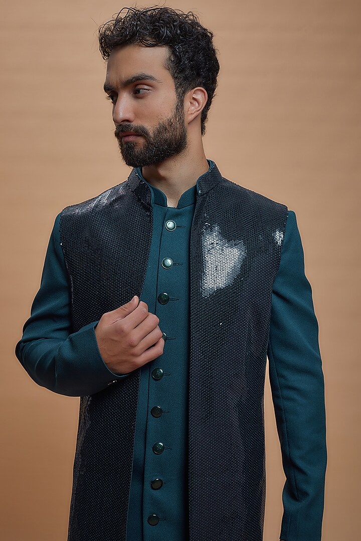 Blue Imported Suiting Embroidered Indo-Western Set by RIYAASAT at Pernia's Pop Up Shop