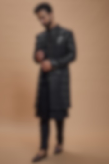 Black Imported Suiting Embroidered Indo-Western Set by RIYAASAT at Pernia's Pop Up Shop