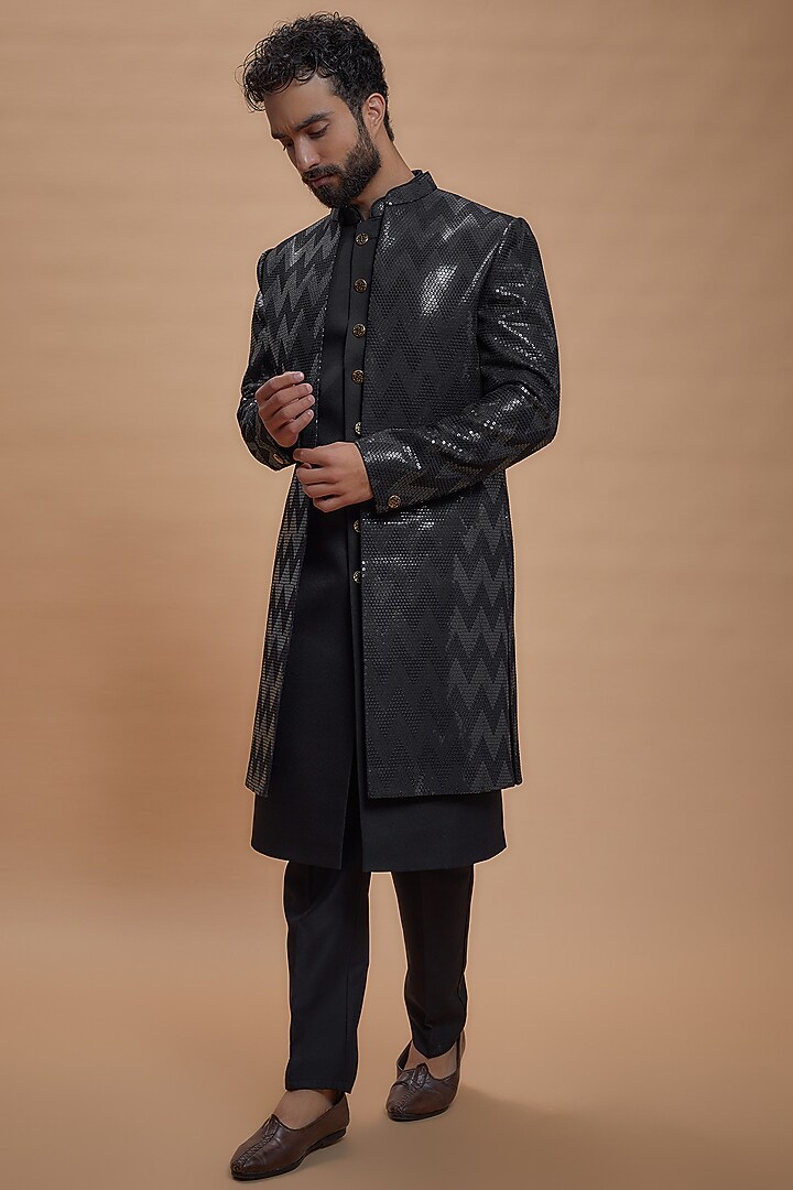 Black Imported Suiting Embroidered Indo-Western Set by RIYAASAT at Pernia's Pop Up Shop