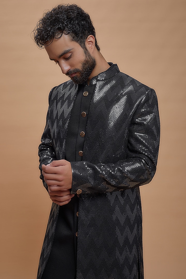 Black Imported Suiting Embroidered Indo-Western Set by RIYAASAT at Pernia's Pop Up Shop