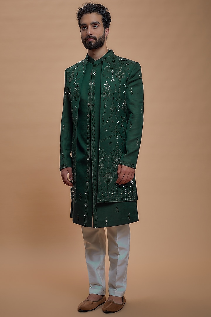 Green Silk Embroidered Indo-Western Set by RIYAASAT