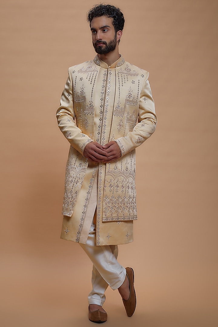 Beige Silk Embroidered Indo-Western Set by RIYAASAT