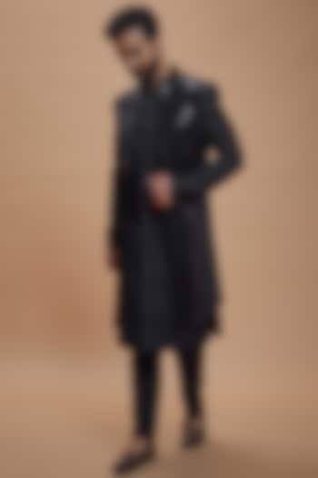 Black Imported Suiting Embroidered Indo-Western Set by RIYAASAT at Pernia's Pop Up Shop