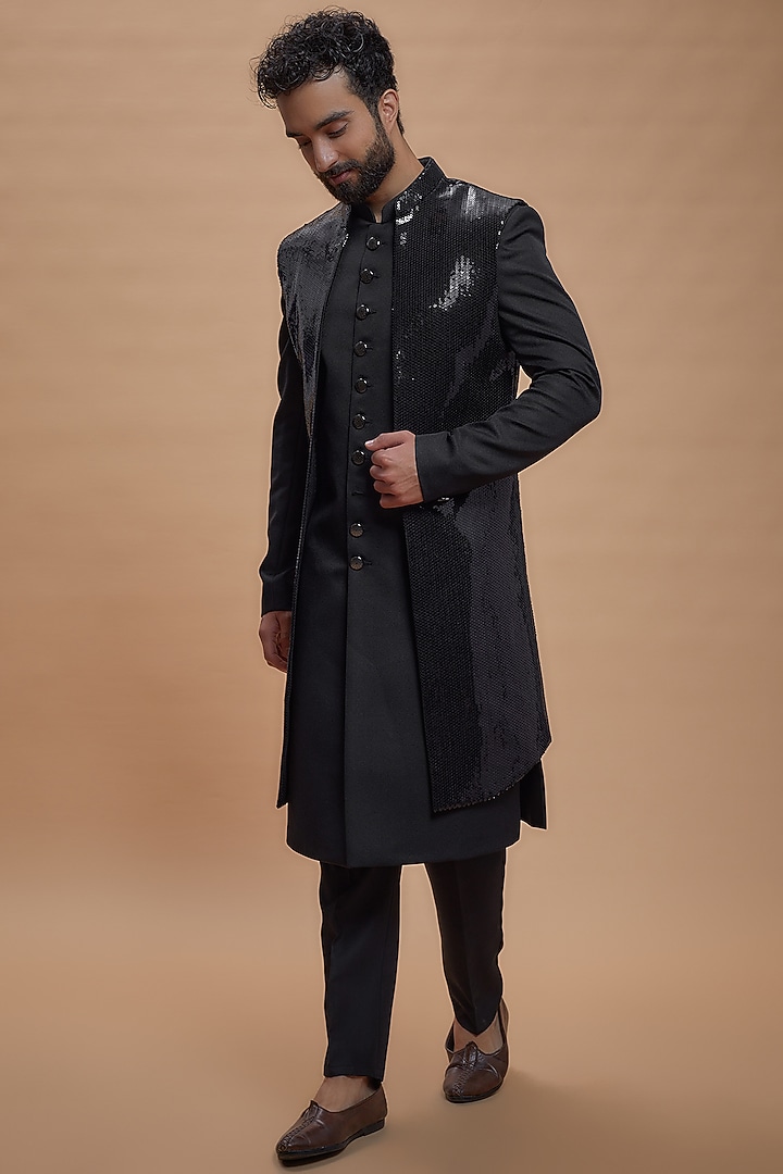 Black Imported Suiting Embroidered Indo-Western Set by RIYAASAT at Pernia's Pop Up Shop