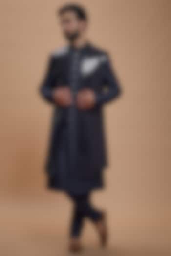 Blue Imported Suiting Embroidered Indo-Western Set by RIYAASAT at Pernia's Pop Up Shop