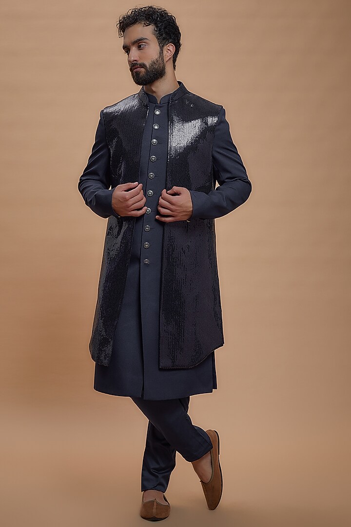 Blue Imported Suiting Embroidered Indo-Western Set by RIYAASAT at Pernia's Pop Up Shop