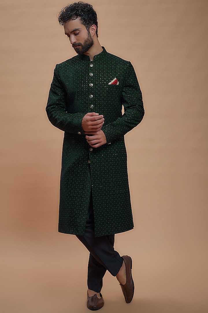 Green Velvet Embroidered Sherwani Set by RIYAASAT