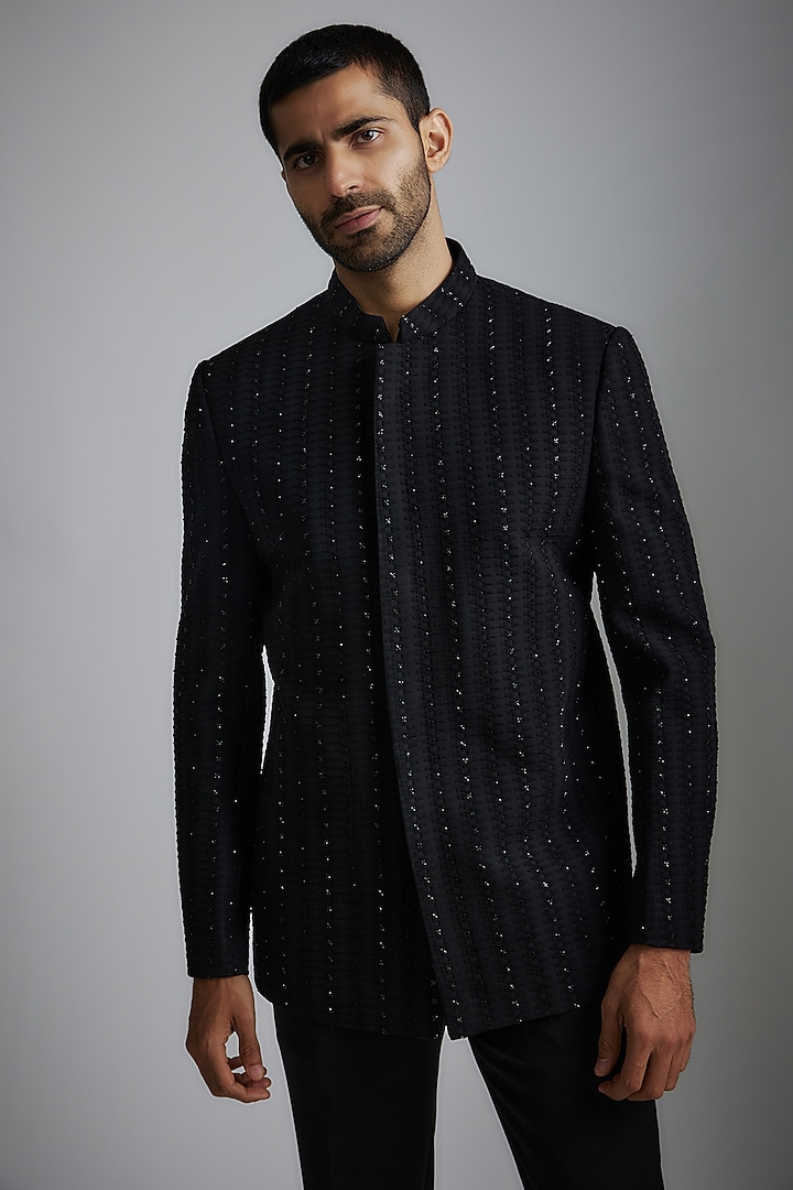 Black Georgette Embroidered Bandhgala Jacket Set by RIYAASAT at Pernia's Pop Up Shop
