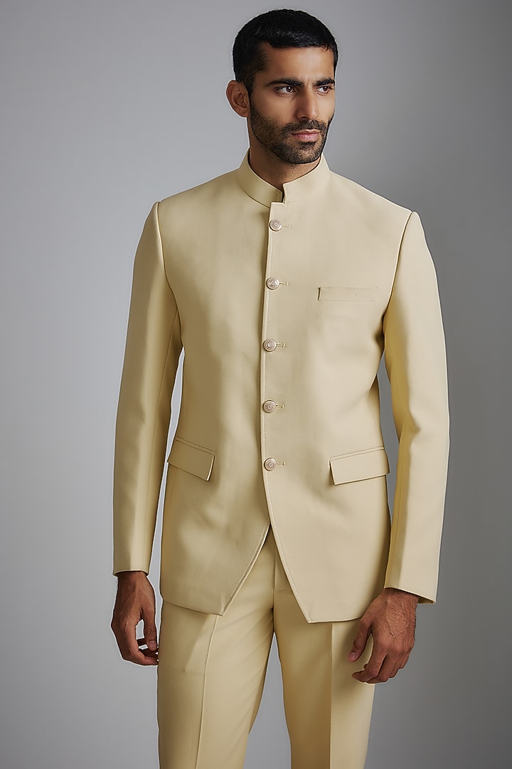 Cream Suiting Fabric Bandhgala Set by RIYAASAT at Pernia's Pop Up Shop