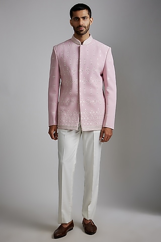 Pink Imported Suiting Fabric Embroidered Bandhgala Jacket Set by RIYAASAT