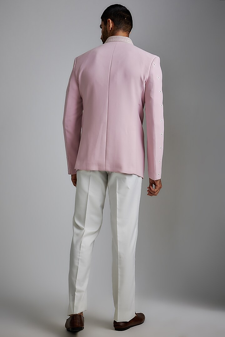 Pink Imported Suiting Fabric Embroidered Bandhgala Jacket Set by RIYAASAT at Pernia's Pop Up Shop
