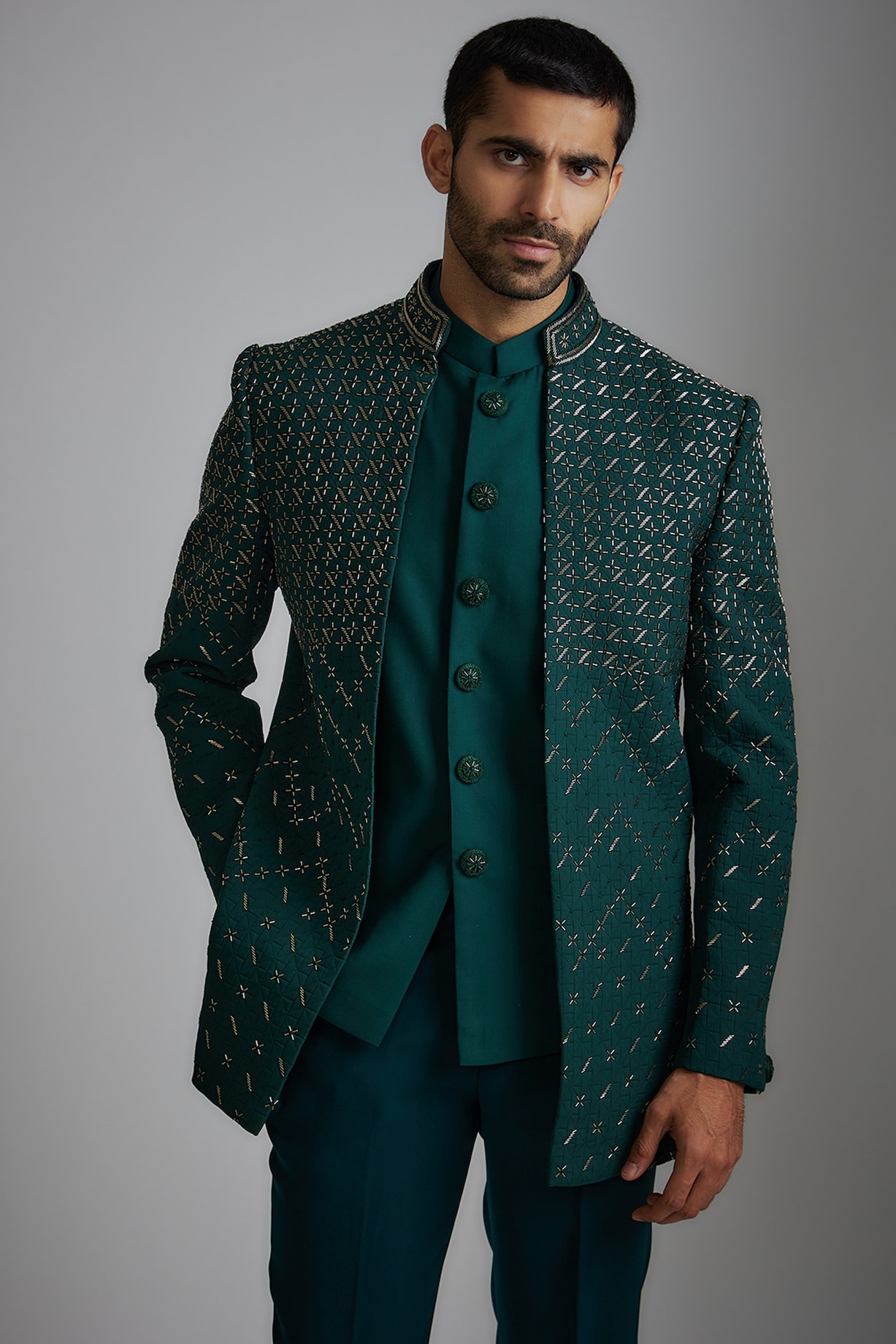 Buy RIYAASAT Green Suiting Fabric Indowestern Set at Pernia ...