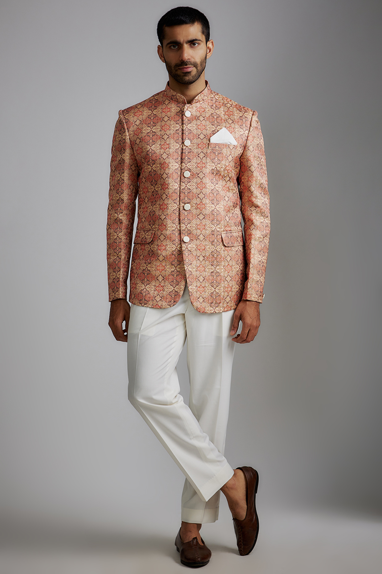Orange Silk Printed Bandhgala Jacket Set by RIYAASAT