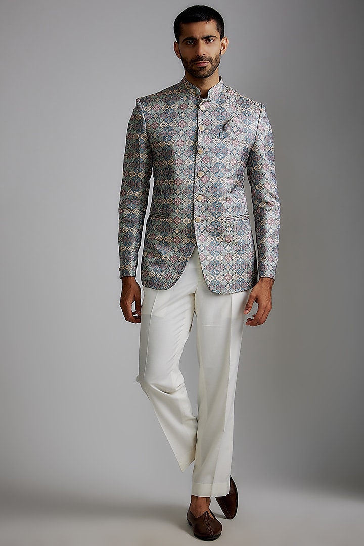 Multi-Colored Silk Printed Bandhgala Jacket Set by RIYAASAT