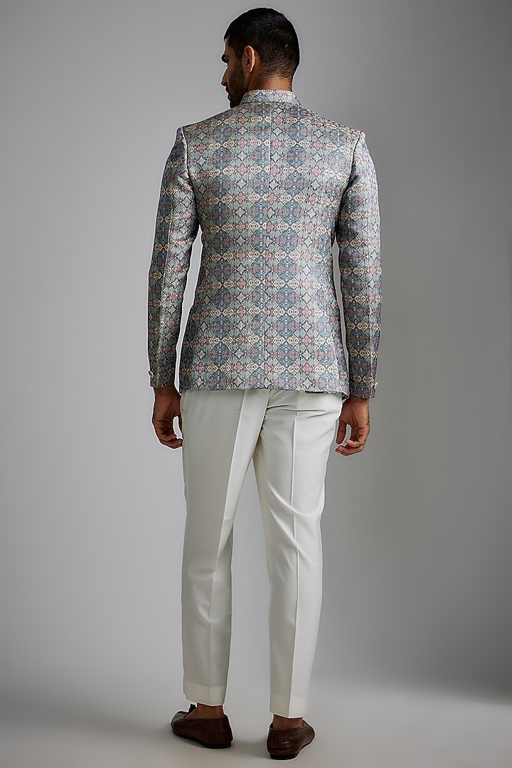Multi-Colored Silk Printed Bandhgala Jacket Set by RIYAASAT at Pernia's Pop Up Shop