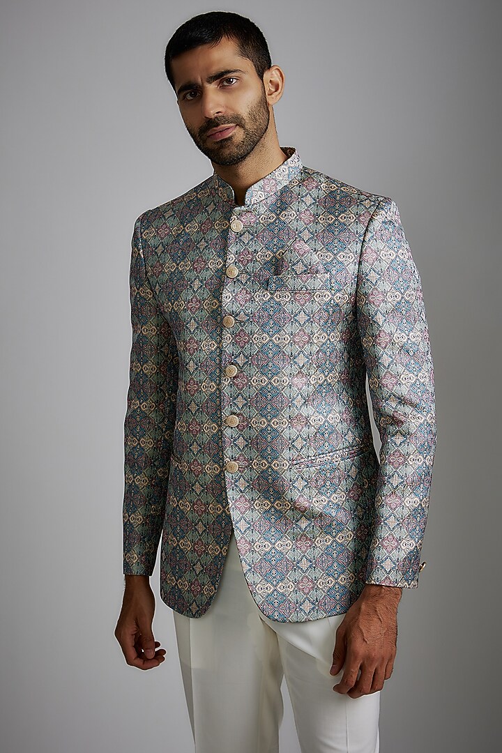 Multi-Colored Silk Printed Bandhgala Jacket Set by RIYAASAT at Pernia's Pop Up Shop