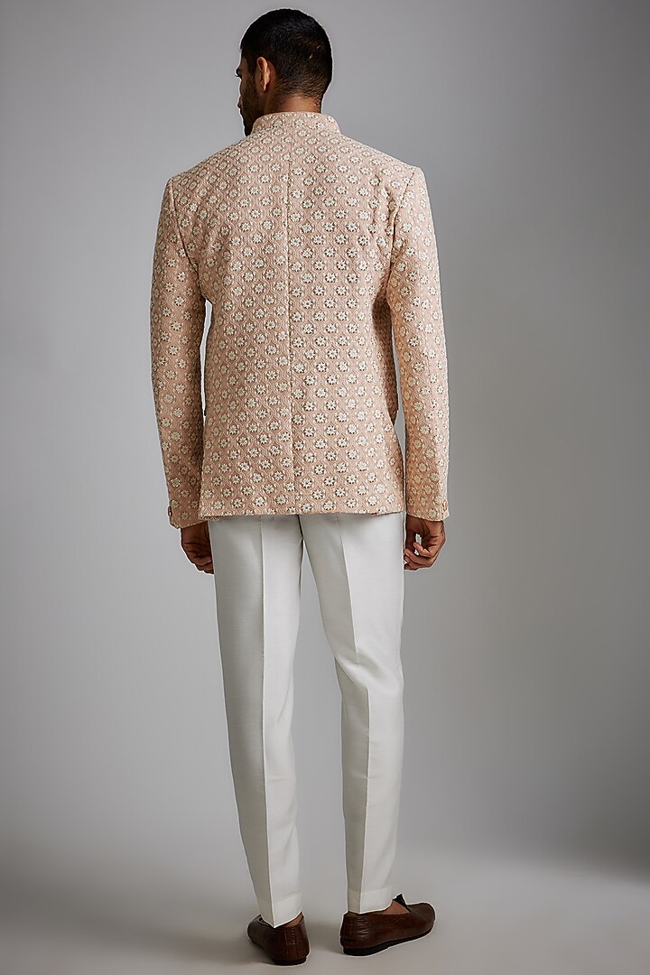 Peach Georgette Bandhgala Jacket Set by RIYAASAT at Pernia's Pop Up Shop