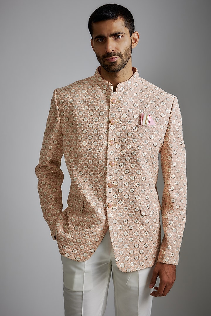 Peach Georgette Bandhgala Jacket Set by RIYAASAT at Pernia's Pop Up Shop