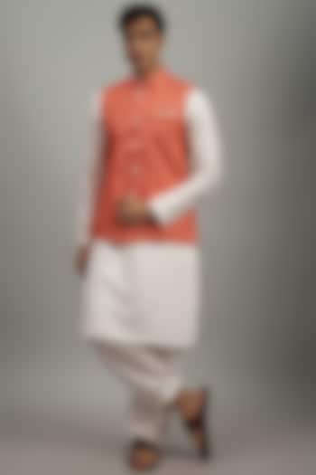 Orange Silk Nehru Jacket Set by RIYAASAT