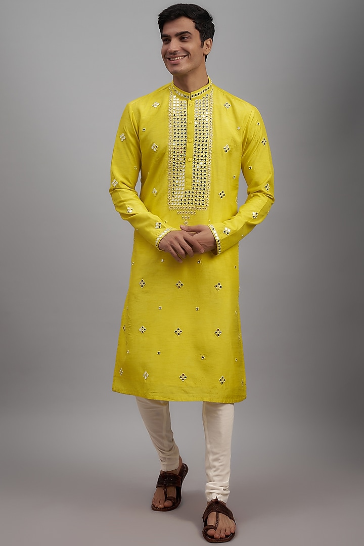 Yellow Silk Embroidered Kurta Set by RIYAASAT at Pernia's Pop Up Shop