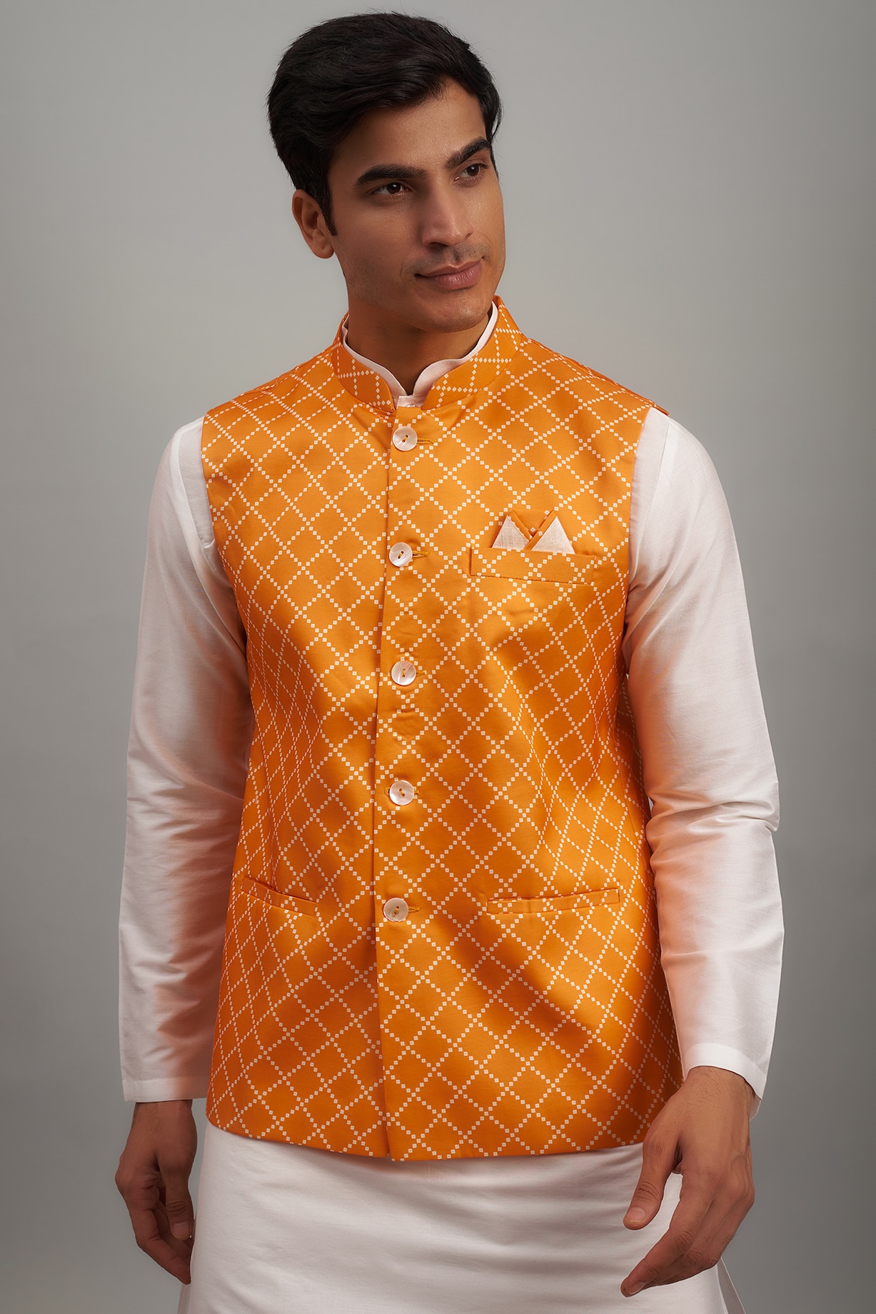 Mustard Silk Nehru Jacket Set by RIYAASAT at Pernia's Pop Up Shop 2024