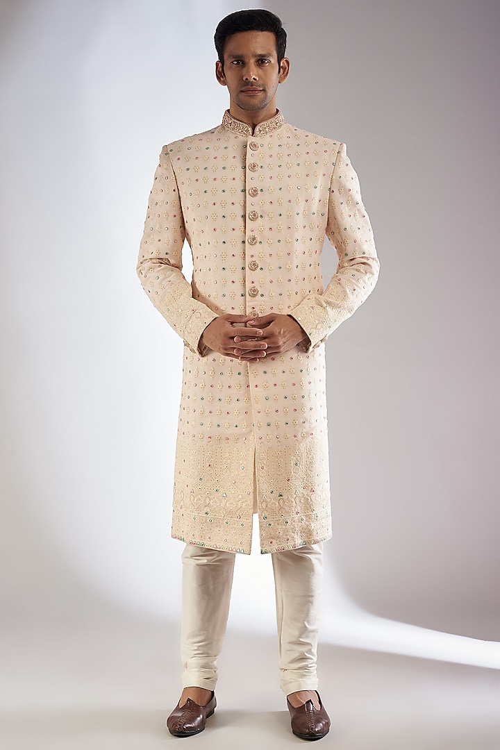 Cream Georgette Embroidered Sherwani Set by RIYAASAT