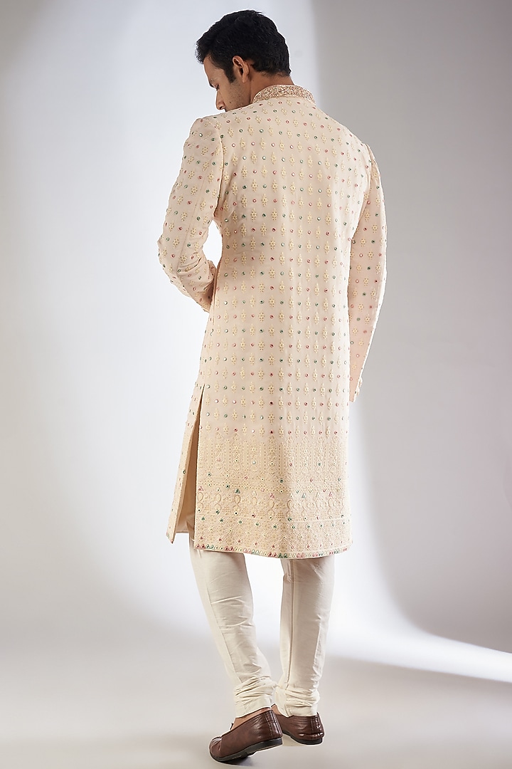 Cream Georgette Embroidered Wedding Sherwani Set by RIYAASAT at Pernia's Pop Up Shop