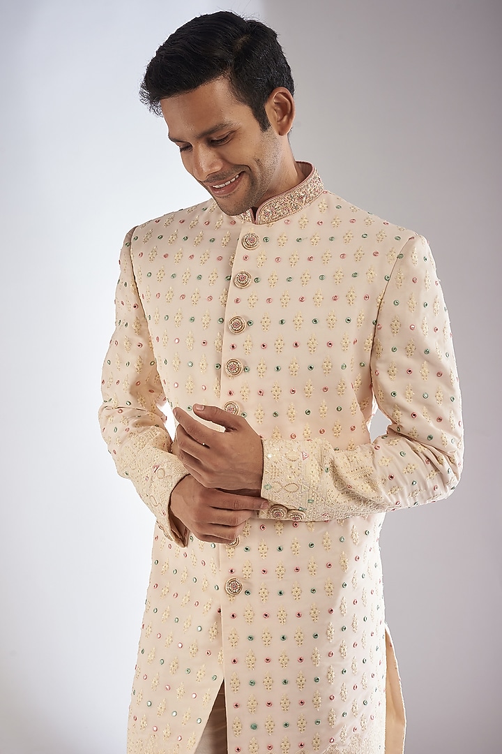 Cream Georgette Embroidered Wedding Sherwani Set by RIYAASAT at Pernia's Pop Up Shop