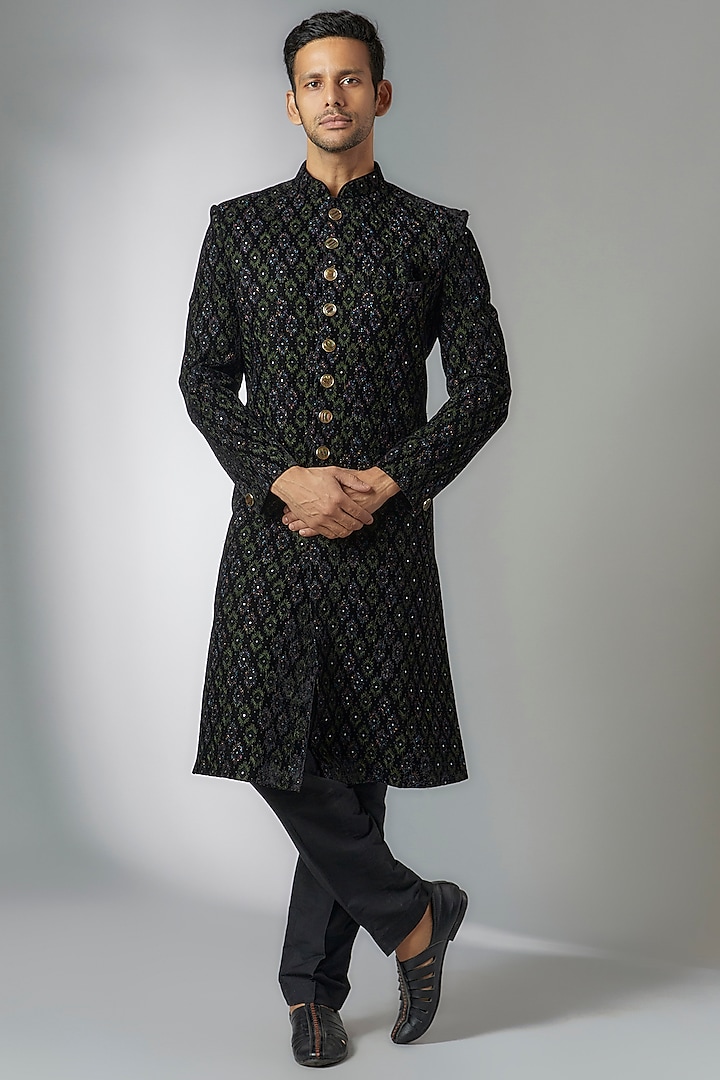 Black Velvet Embroidered Wedding Sherwani Set by RIYAASAT at Pernia's Pop Up Shop