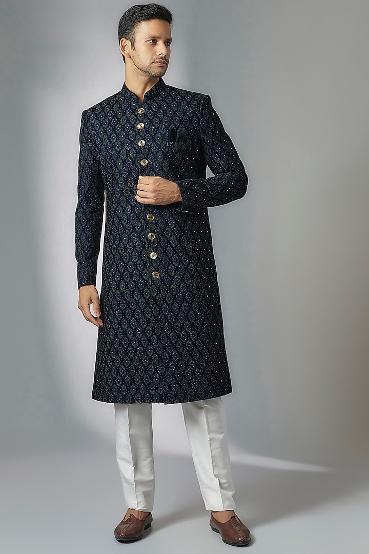 Blue Velvet Embroidered Sherwani Set by RIYAASAT