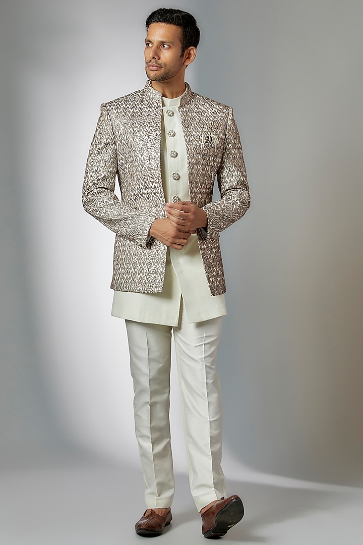 Off-White Silk Embroidered Wedding Indowestern Set by RIYAASAT at Pernia's Pop Up Shop