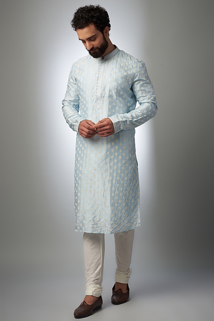 Sky Blue Silk Kurta Set by RIYAASAT at Pernia's Pop Up Shop