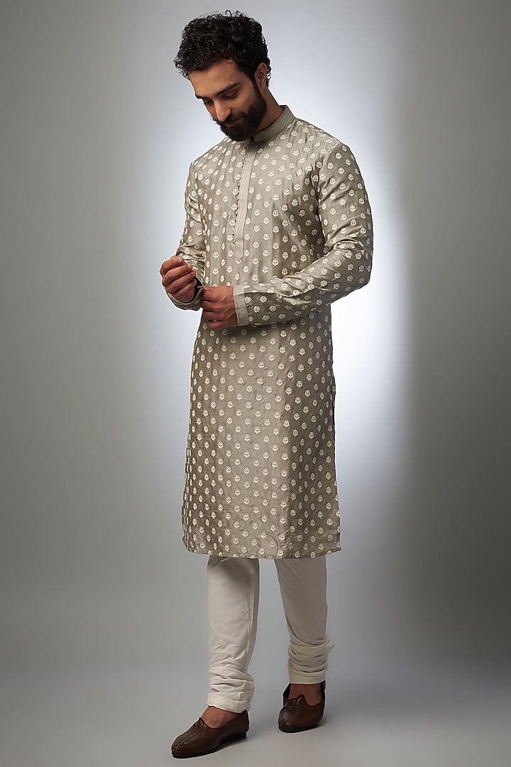 Olive Green Silk Kurta Set by RIYAASAT at Pernia's Pop Up Shop