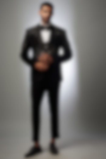 Black Imported Suiting Blazer Set by RIYAASAT