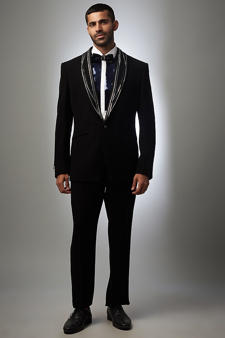 Black Imported Suiting Blazer Set by RIYAASAT at Pernia's Pop Up Shop