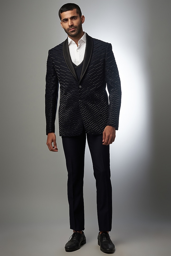 Blue Imported Suiting Blazer Set by RIYAASAT at Pernia's Pop Up Shop