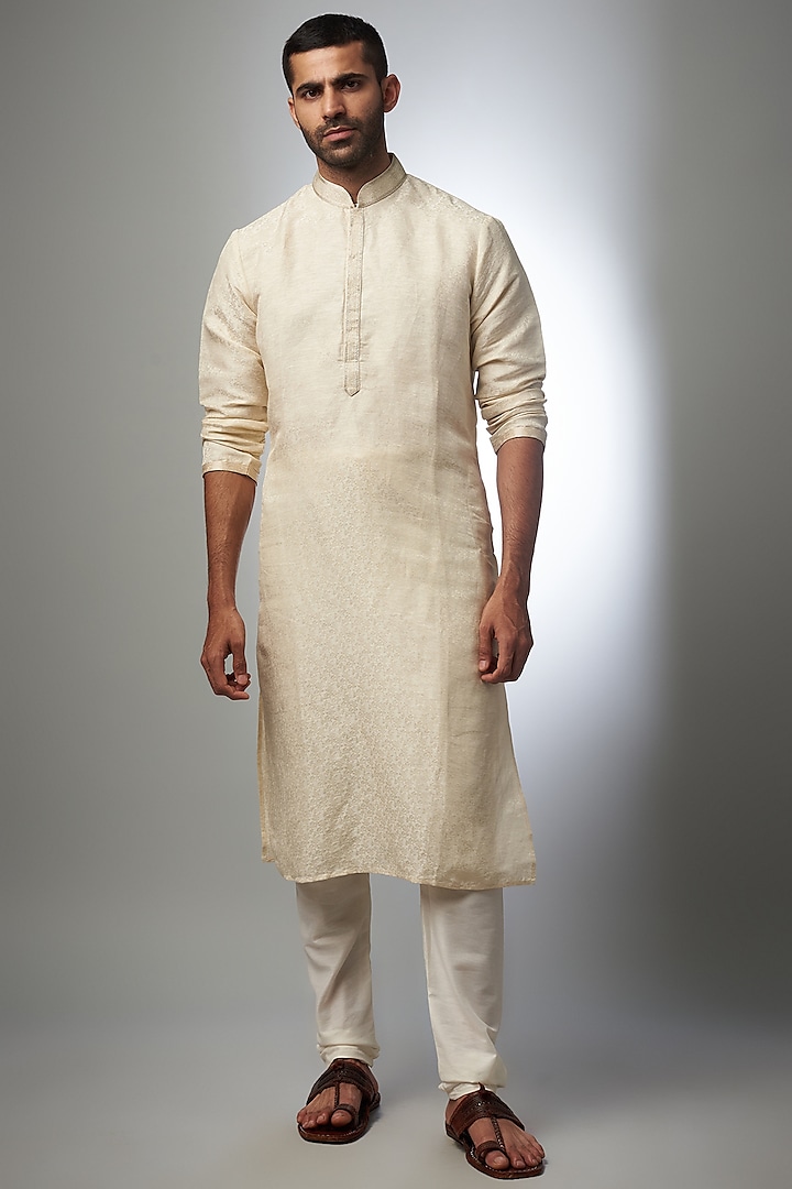 Light Beige Brocade Kurta Set by RIYAASAT