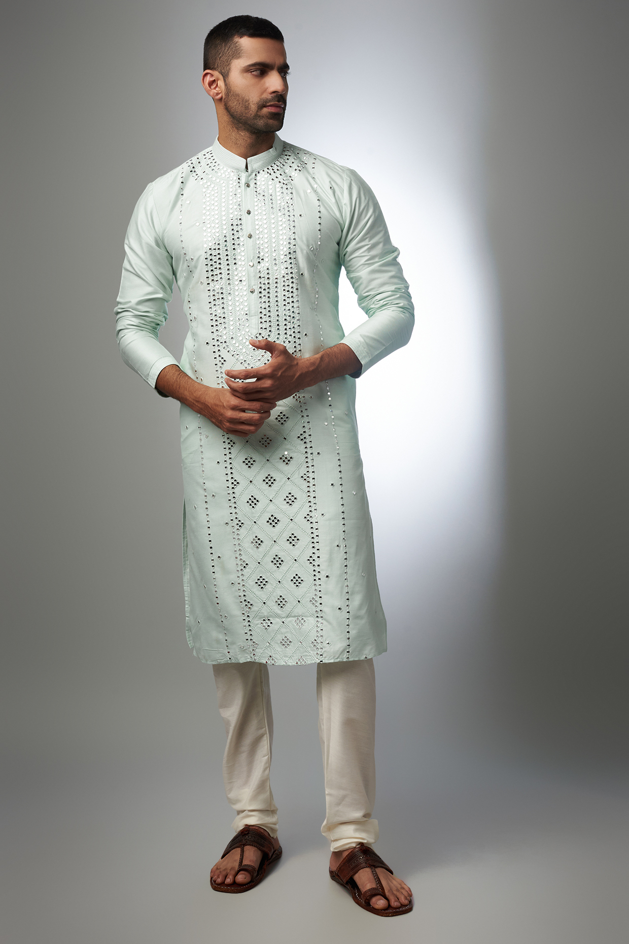 Sky Blue Silk Kurta Set by RIYAASAT