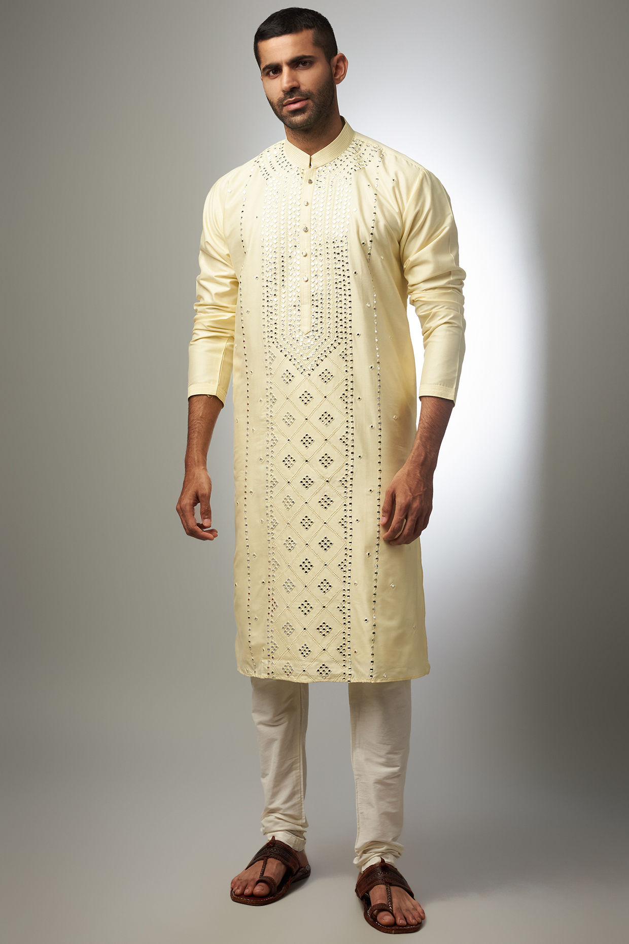 Lemon Yellow Silk Kurta Set by RIYAASAT