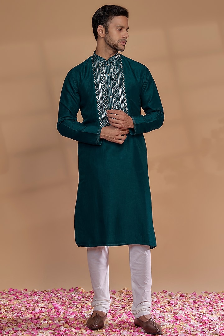 Persian Blue Silk Mirror Work Kurta Set by RIYAASAT at Pernia's Pop Up Shop