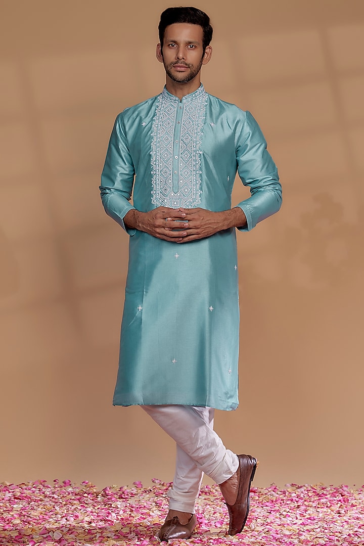 Firozi Blue Banarasi Silk Thread & Mirror Embroidered Kurta Set by RIYAASAT