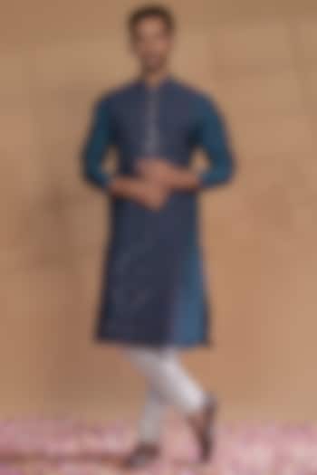 Peacock Blue Silk Thread & Mirror Embroidered Kurta Set by RIYAASAT at Pernia's Pop Up Shop