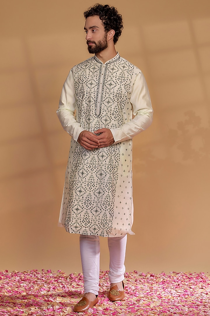 Pearl White Silk Mirror Embroidered Kurta Set by RIYAASAT at Pernia's Pop Up Shop